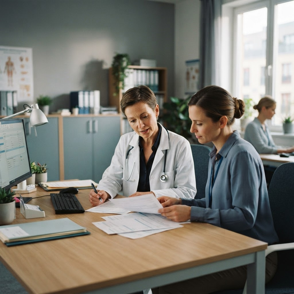 A physician and an administrative colleague reviewing billing documents together at a desk